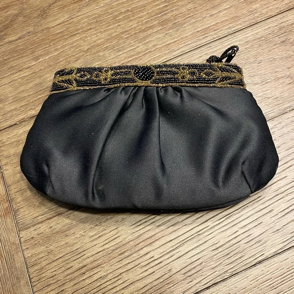 Genie black satin gathered top bead formal clutch